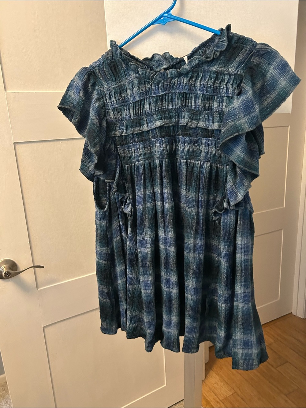 Free People Girls Blue Plaid Ruffle Smocked Top